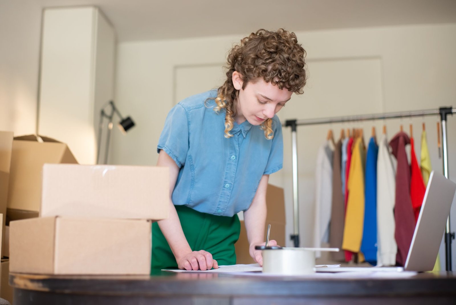 Empreendedora embalando os pedidos da loja online em casa, ao lado da arara de roupas
