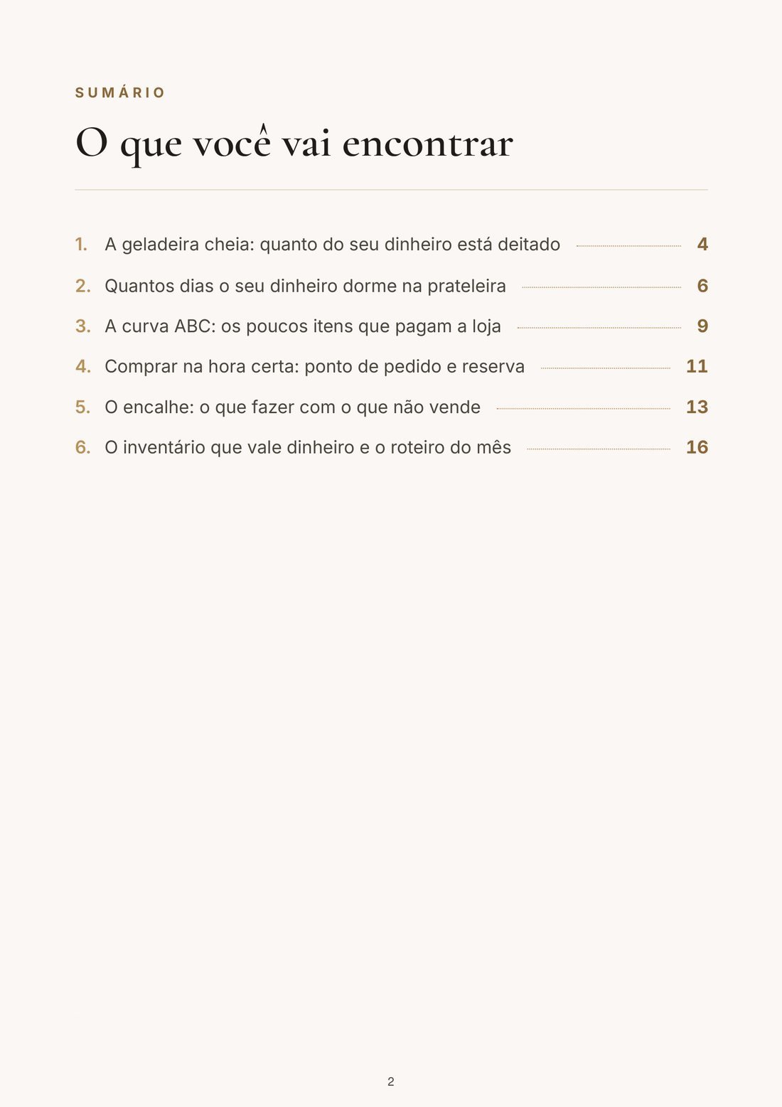 Página do sumário do ebook O Dinheiro Parado na Prateleira