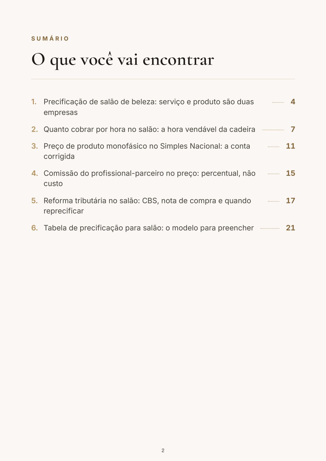 Página do sumário do ebook O Preço Certo Para Quem Vende Serviço e Produto Monofásico