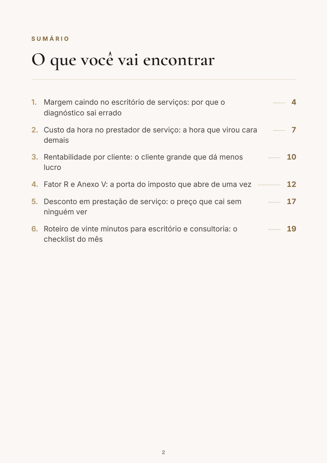 Página do sumário do ebook Sua Margem Cai Por Um Motivo Que Não É o Preço
