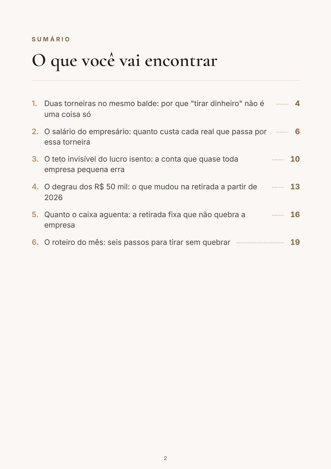 Página do sumário do ebook Quanto Tirar da Empresa Sem Quebrar o Caixa